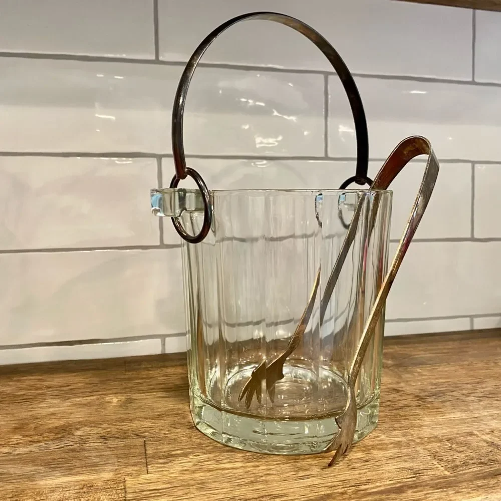 Vintage Crystal & Silver Ice Bucket With Tongs Barware Set Mid Century Modern